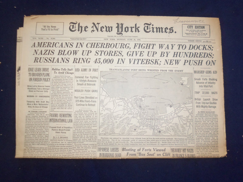 1944 JUNE 26 NEW YORK TIMES -AMERICANS IN CHERBOURG, FIGHT WAY TO DOCKS- NP 6578