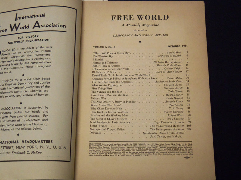 1941 OCTOBER FREE WORLD MAGAZINE - VOLUME 1 NO. 1 - HULL - MACLEISH - K 2052