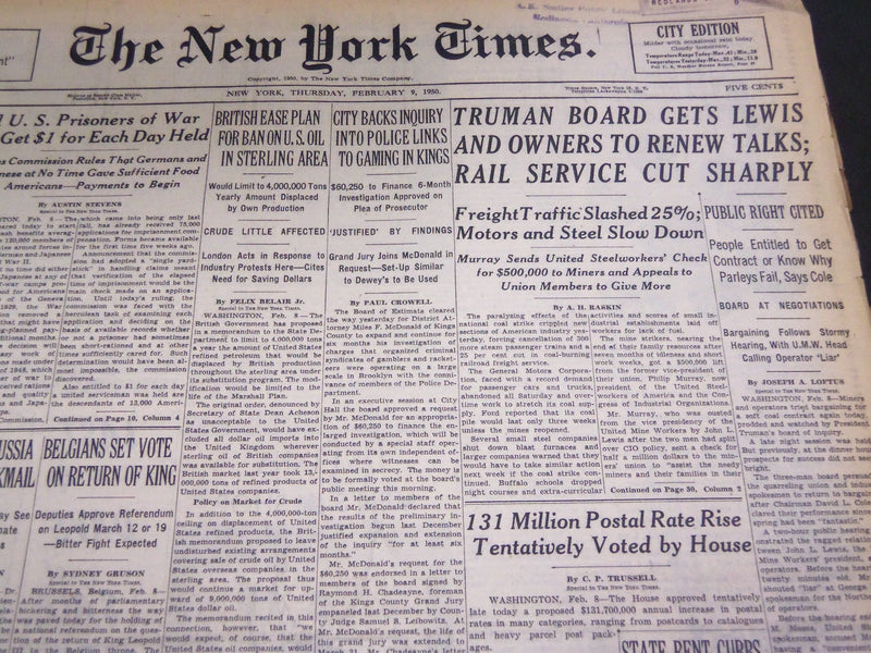 1950 FEBRUARY 9 NEW YORK TIMES - LEWIS & OWNERS TO RENEW TALKS - NT 4727