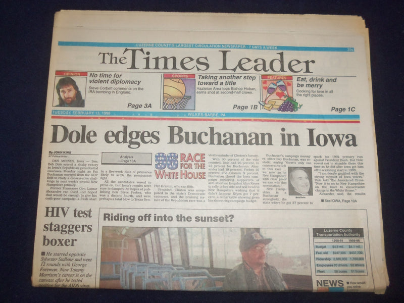 1996 FEB 13 WILKES-BARRE TIMES LEADER - DOLE EDGES BUCHANAN IN IOWA - NP 8145