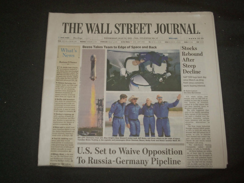 2021 JULY 21 THE WALL STREET JOURNAL-JEFF BEZOS ROCKET TO EDGE OF SPACE AND BACK