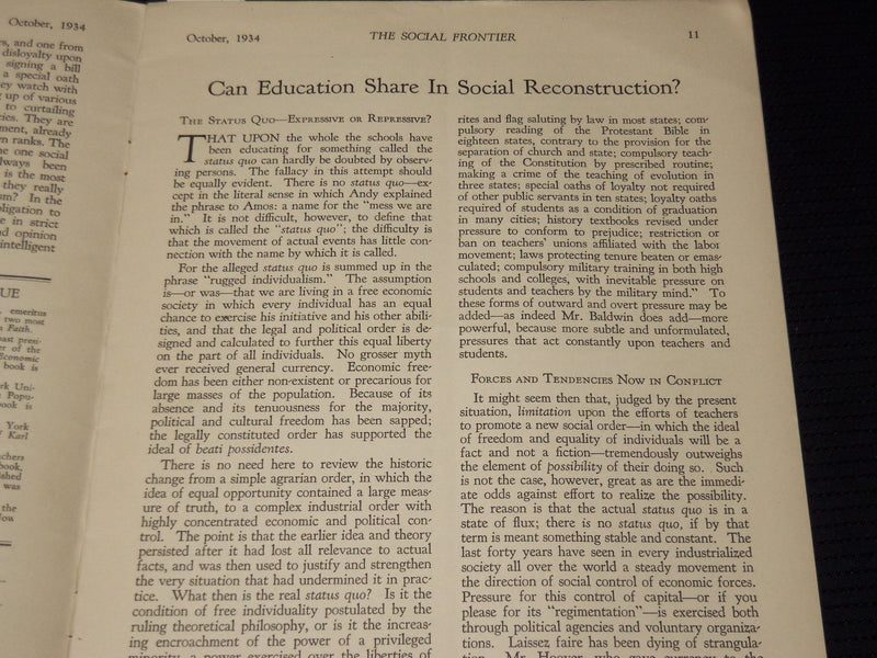 1934 OCTOBER THE SOCIAL FRONTIER JOURNAL MAGAZINE - VOLUME 1. NO. 1 - SP 4863E