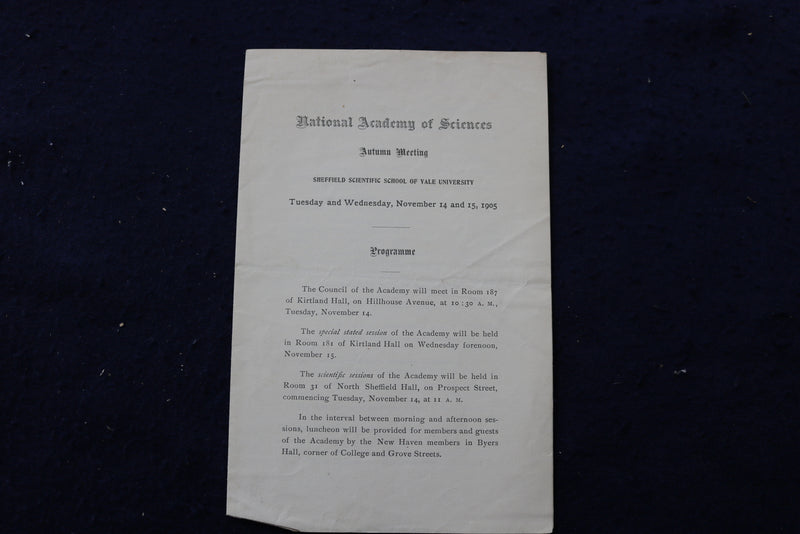 1905 NATIOINAL ACADEMY OF SCIENCES AUTUMN MEETING BOOKLET - YALE UNIV. - K 1388