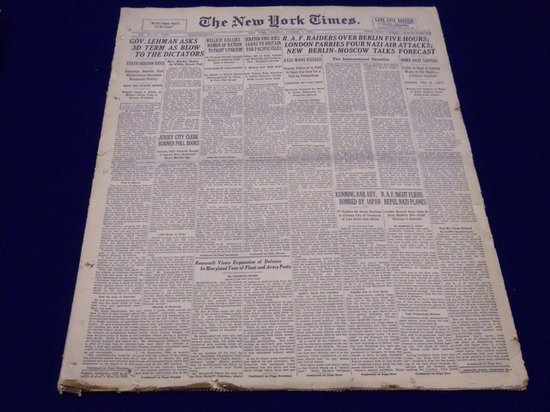 1940 OCT 1 NEW YORK TIMES NEWSPAPER - GOVERNOR LEHMAN ASKS 3RD TERM - NT 23