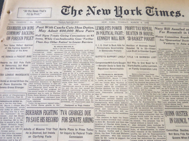 1938 MARCH 8 NEW YORK TIMES - PACT WITH CZECHS CUTS SHOE DUTIES - NT 6273