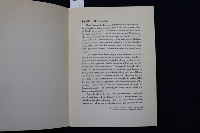 1954 MEMORIAN IRWIN EDMAN 1896-1954 SOFTCOVER BOOK - K 775