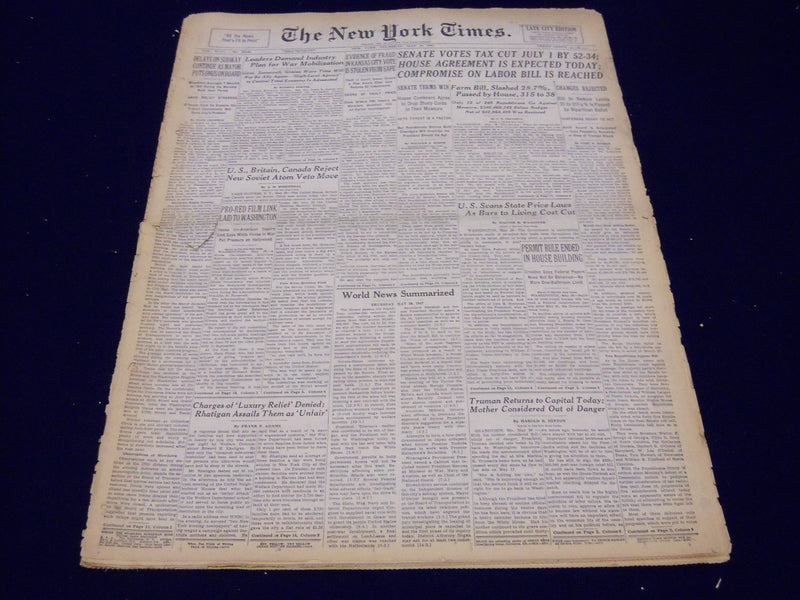 1947 MAY 29 NEW YORK TIMES - SENATE VOTES TAX CUT JULY 1 BY 52-34 - NT 88