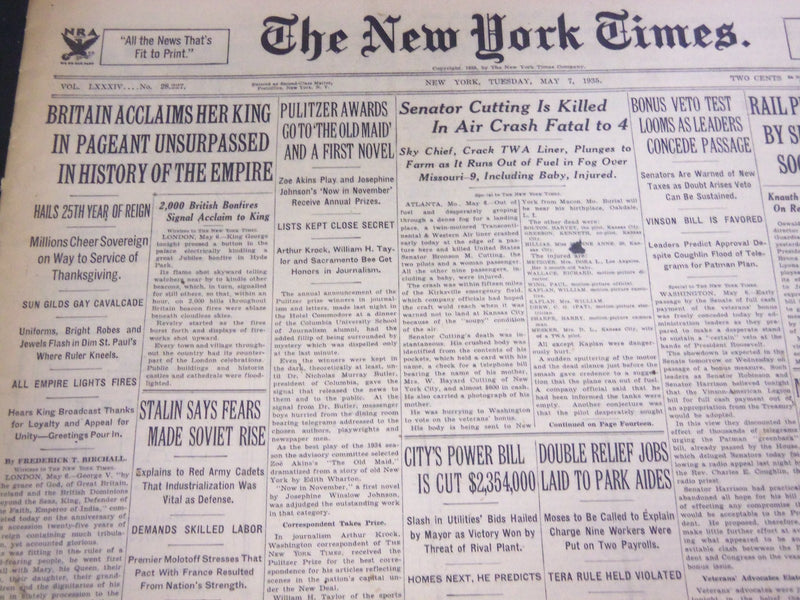 1935 MAY 7 NEW YORK TIMES - PULITZER AWARDS GO TO OLD MAID, FIRST NOVEL- NT 4924