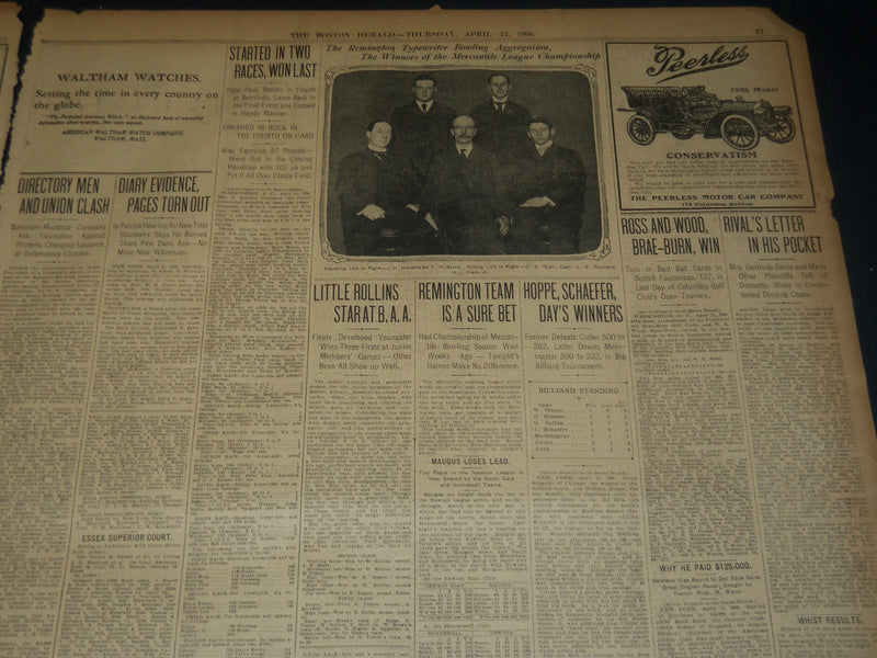 1906 APRIL 12 THE BOSTON HERALD NEWSPAPER - BAILEY, CIRCUS MAGNATE DEAD - BH 275