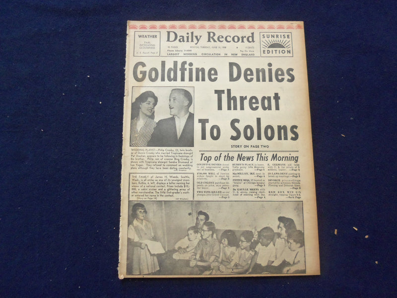 1958 JUNE 10 BOSTON RECORD AMERICAN NEWSPAPER -GOLDFINE THREAT TO SOLONS-NP 6275