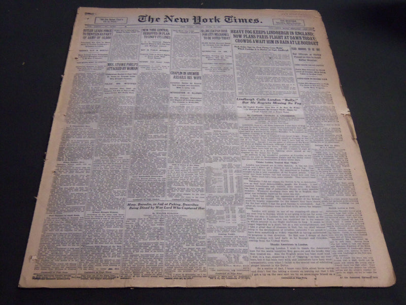 1927 JUN 3 NEW YORK TIMES - LINDBERGH IN ENGLAND FLIES TO PARIS AT DAWN- NT 6933