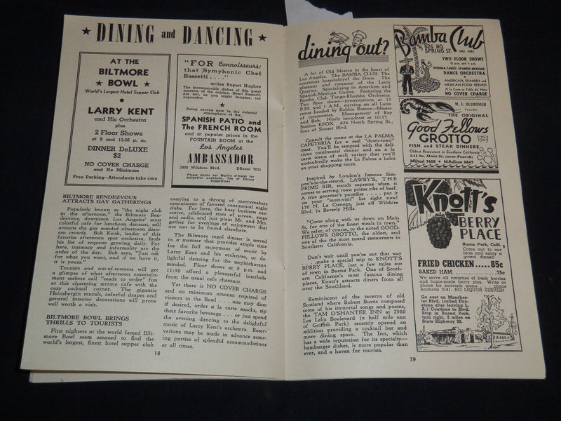 1939 APRIL 15 THE LOS ANGELES DAILY DOINGS PROGRAM - LAWRY'S PRIME RIB - J 8713