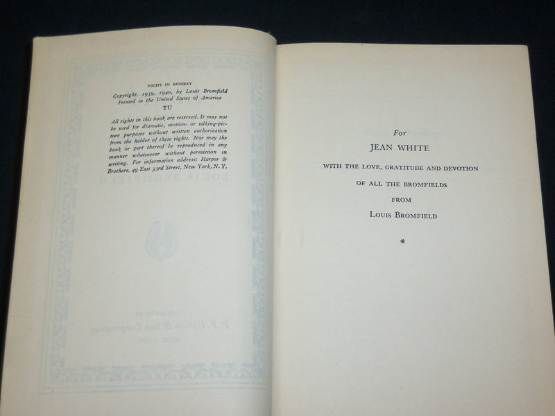 1940 NIGHT IN BOMBAY HARDCOVER BOOK BY LOUIS BROMFIELD - KD 2770E