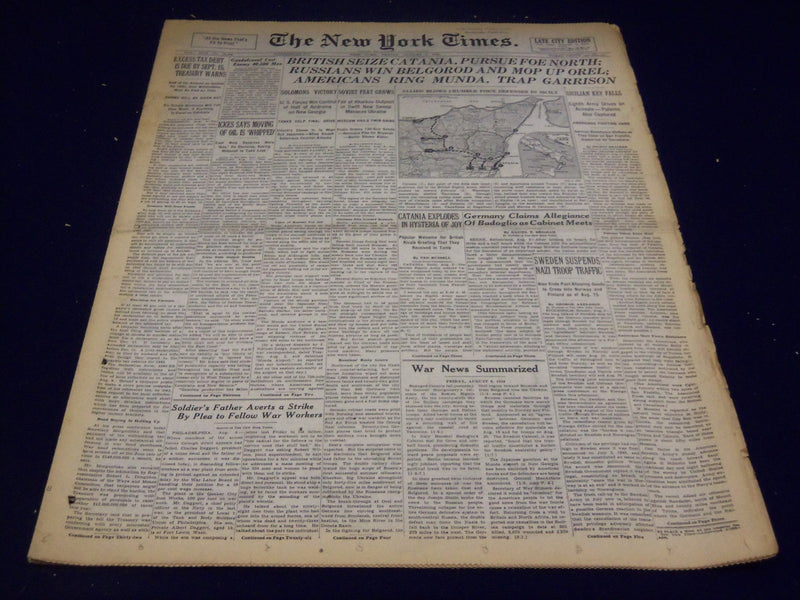 1943 AUG 6 NEW YORK TIMES - BRITISH SEIZE CATANIA, AMERICANS RING MUNDA- NT 1773
