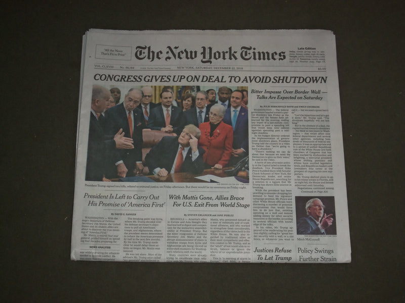 2018 DECEMBER 22 NEW YORK TIMES - IMPASSE OVER WALL SHUTS DOWN GOVERNMENT