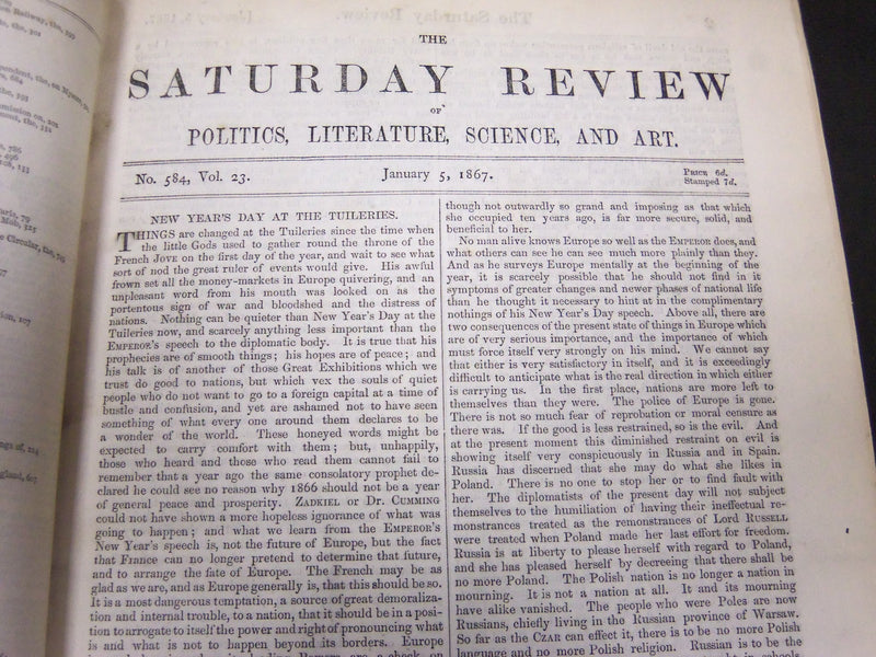 1867 SATURDAY REVIEW 2 BOUND VOLUMES - COMPLETE YR- PUBLISHED IN LONDON - R 1085