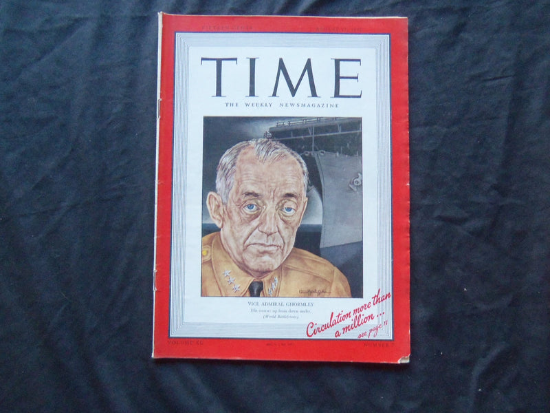 1942 AUGUST 17 TIME MAGAZINE - VICE ADMIRAL GHORMLEY - T 827