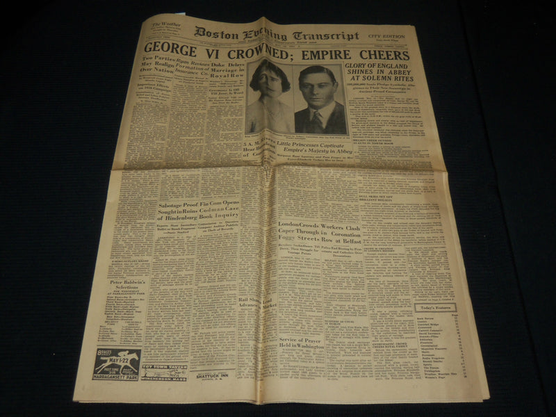 1937 MAY 12 BOSTON TRANSCRIPT NEWSPAPER - GEORGE VI CROWNED - NP 4251N
