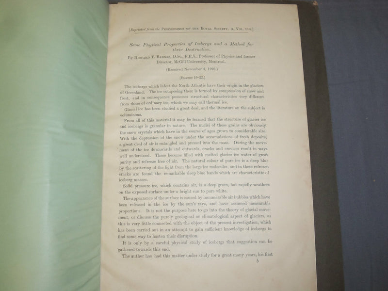 1927 SOME PHYSICAL PROPERTIES OF ICEBERGS & METHOD FOR THEIR DESTRUCTION -J 4900