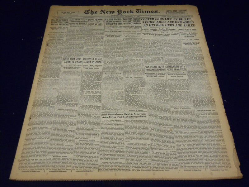 1938 DECEMBER 17 NEW YORK TIMES NEWSPAPER - COSTER ENDS LIFE BY BULLET - NT 2477