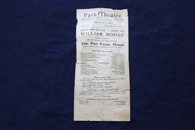 1910 MAY 16 THE MAN FROM HOME - PARK THEATRE - PROGRAM - HODGE - JEWETT - K 1666