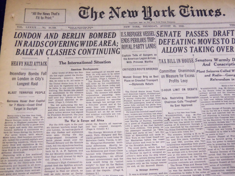 1940 AUGUST 29 NEW YORK TIMES - LONDON AND BERLIN BOMBED - NT 2877