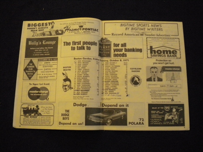 1971 OCTOBER 8 BOSTON BRAVES VS. CLEVELAND BARONS AHL HOCKEY PROGRAM - SP 3624G