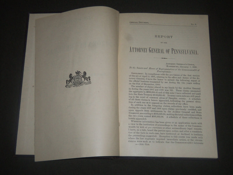 1889 ATTORNEY GENERAL REPORT OF PENNSYLVANIA FOR 1887 & 1888 BOOK - KD 4211