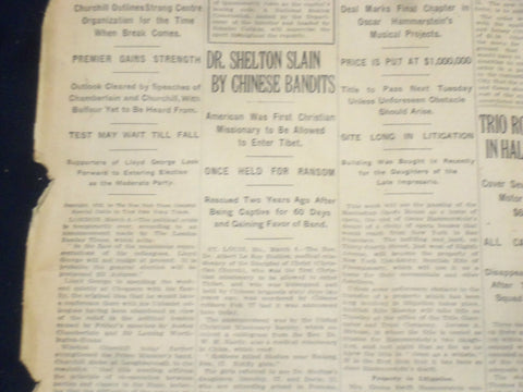 1922 MARCH 5 NEW YORK TIMES - DR. SHELTON SLAIN BY CHINESE BANDITS - NT 8307