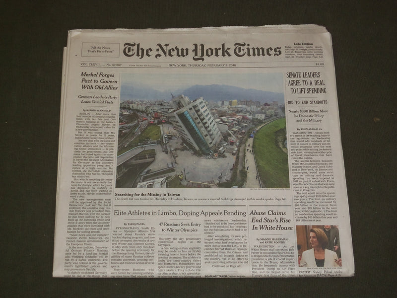 2018 FEBRUARY 8 NEW YORK TIMES - SENATE LEADERS AGREE TO A DEAL TO LIFT SPENDING