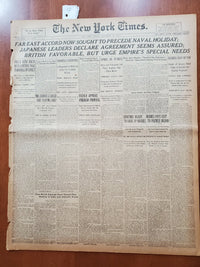 1921 NOV 14 NEW YORK TIMES - FAR EAST ACCORD TO PRECEDE NAVAL HOLIDAY - NT 8015