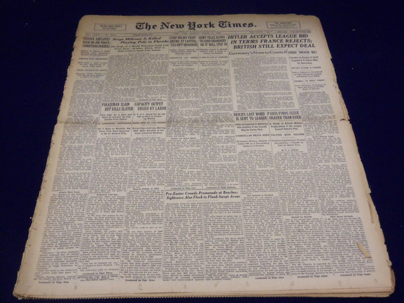 1936 MAR 16 NEW YORK TIMES - HITLER ACCEPTS LEAGUE BID, FRANCE REJECTS - NT 1852
