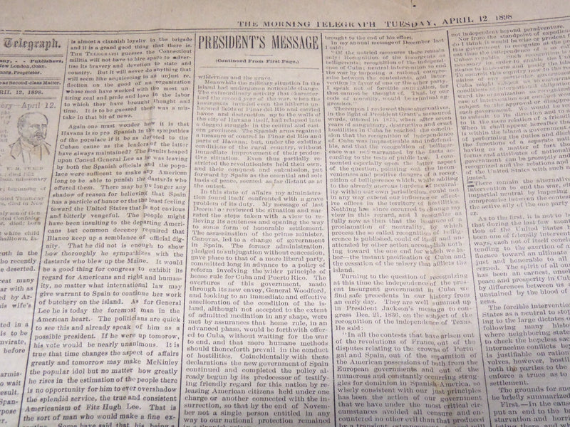 1898 APRIL 12 MORNING TELEGRAPH NEWSPAPER - MCKINLEY'S VIEWS ON MAINE - NP 2152A