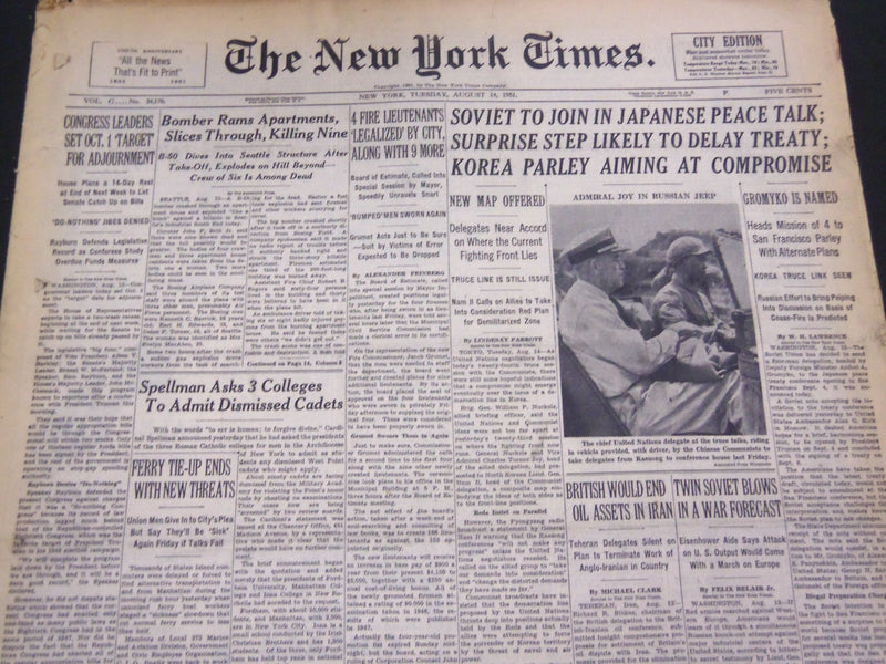 1951 AUGUST 14 NEW YORK TIMES - B-50 CRASHES INTO SEATTLE BUILDING - NT 4285