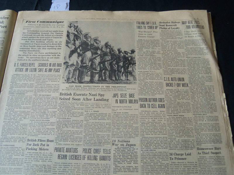 1941 DECEMBER 11 PHILADELPHIA INQUIRER NEWSPAPER - U. S. BASES AFIRE - NT 7243