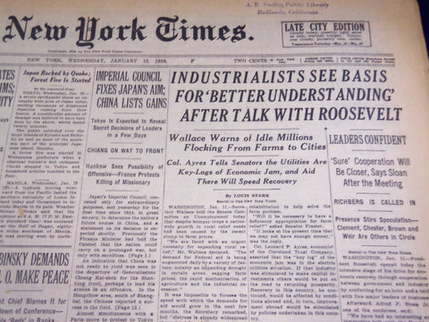 1937 JANUARY 12 NEW YORK TIMES - INDUSTRIALISTS SEE BASIS FOR FDR TALK - NT 728