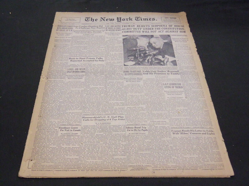 1953 NOVEMBER 13 NEW YORK TIMES - TRUMAN REJECTS SUBPOENA OF HOUSE - NT 4696