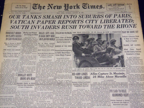 1944 AUGUST 20 NEW YORK TIMES - OUR TANKS SMASH INTO SUBURBS OF PARIS - NT 1907