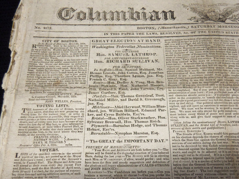 1824 APRIL 3 COLUMBIAN CENTINEL NEWSPAPER - GREAT ELECTION AT HAND - NP 3878H