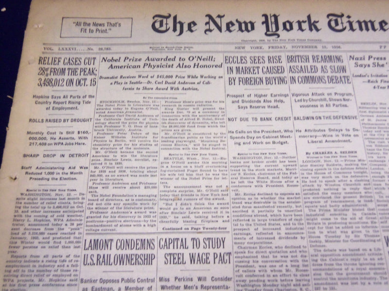 1936 NOV 13 NEW YORK TIMES - EUGENE O'NEILL WINS NOVEL PRIZE - NT 2134