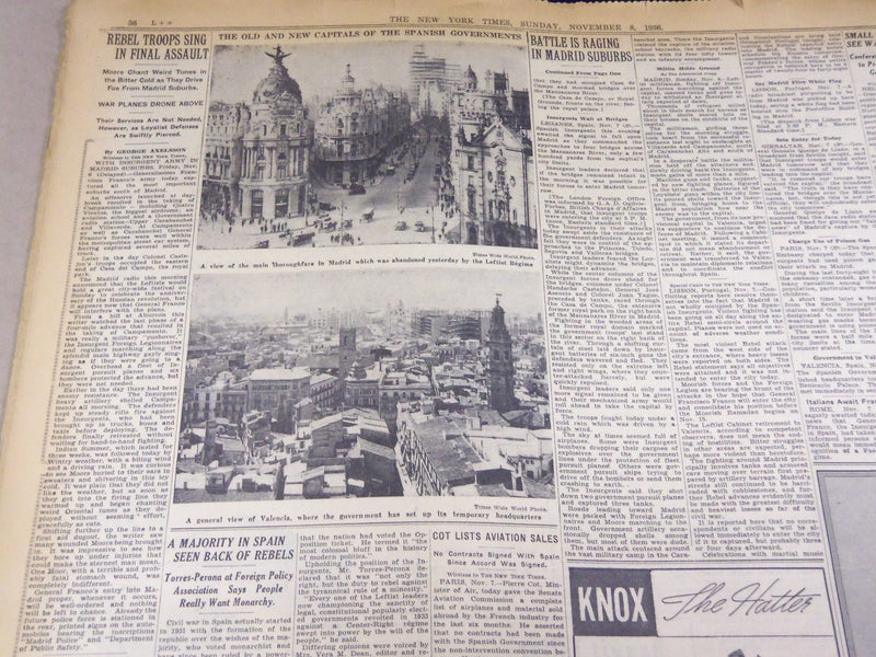 1936 NOV 8 NEW YORK TIMES - BATTLE IN MADRID SUBURBS LEFTISTS FIGHT ON - NT 1858