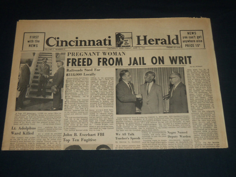 1963 JUNE 14 CINCINNATI HERALD NEWSPAPER - LT. ADOLPHUS WARD KILLED - NP 4407