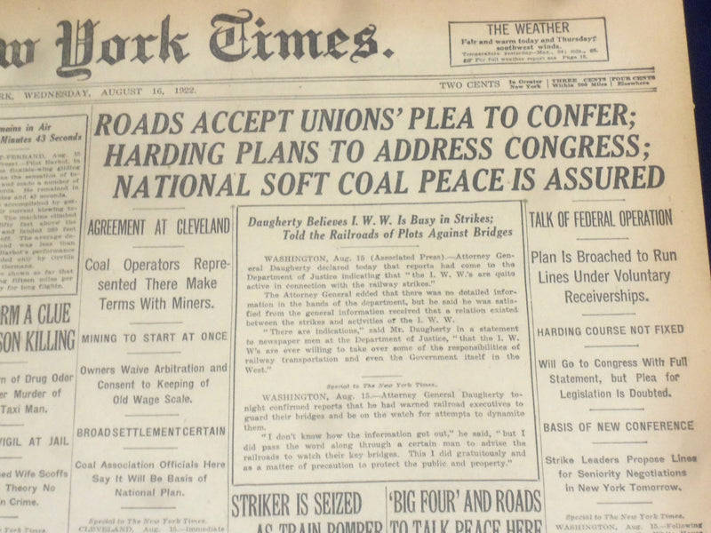 1922 AUGUST 16 NEW YORK TIMES - ROADS ACEPT UNIONS' PLEA TO CONFER - NT 8374