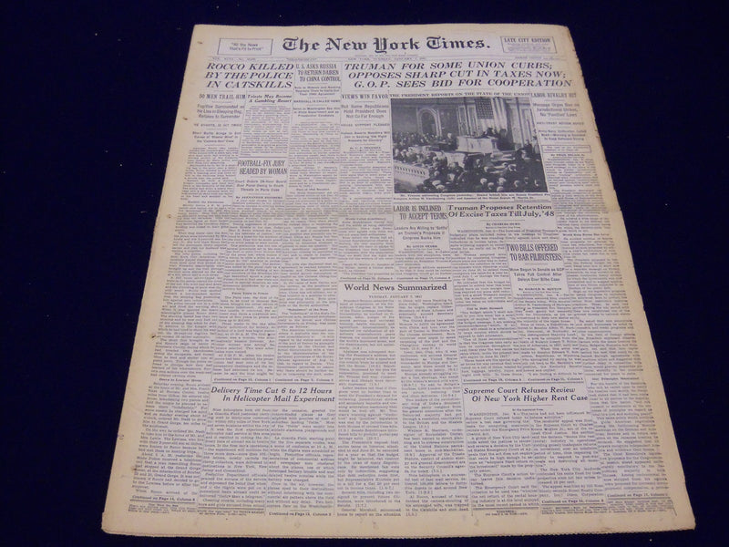 1947 JAN 7 NEW YORK TIMES - TRUMAN FOR SOME UNION CURBS - ROCCO KILLED - NT 102