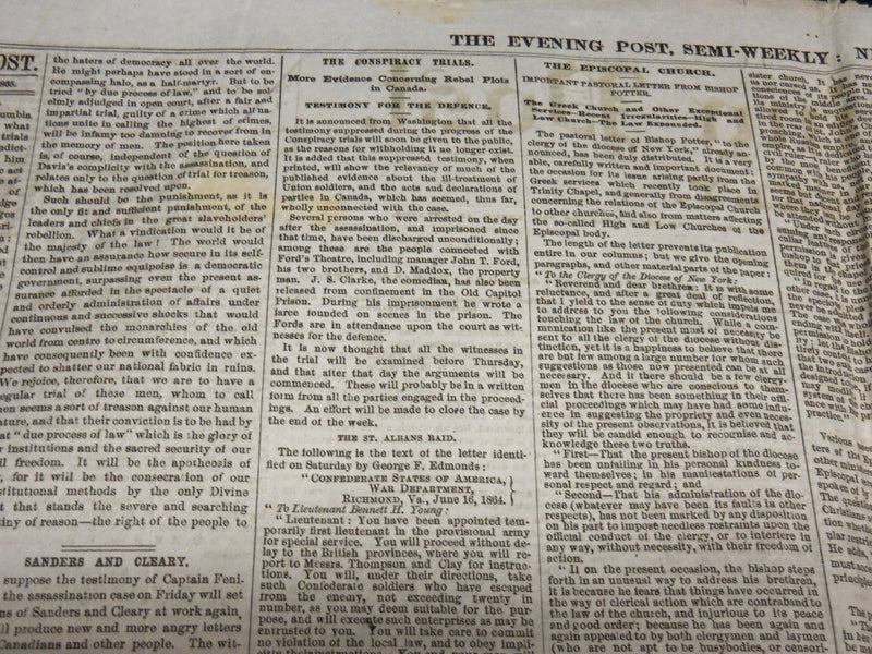 1865 MAY 30 THE EVENING POST NEWSPAPER - JEFF. DAVIS - SURRATT - NP 4956