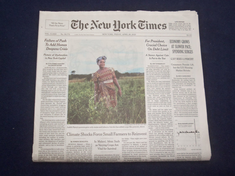 2023 APRIL 28 NEW YORK TIMES - ECONOMY GROWS AS SLOWER PACE; SPENDING SURGES