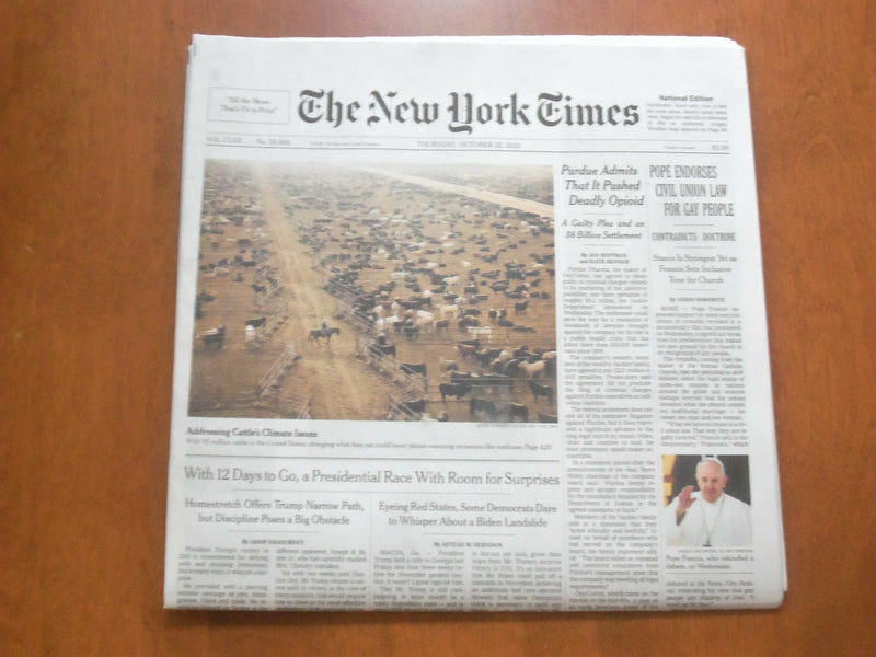 2020 OCTOBER 22 NEW YORK TIMES - POPE ENDORSES CIVIL UNION LAW FOR GAY PEOPLE
