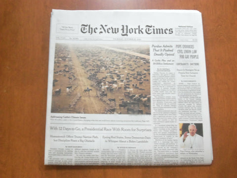 2020 OCTOBER 22 NEW YORK TIMES - POPE ENDORSES CIVIL UNION LAW FOR GAY PEOPLE