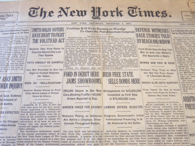 1927 DECEMBER 3 NEW YORK TIMES - FORD IN DEBUT HERE JAMS SHOWROOMS - NT 6286