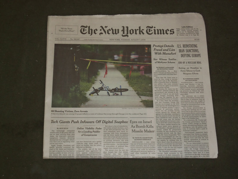 2018 AUGUST 7 NEW YORK TIMES - U.S. REINSTATING IRAN SANCTIONS, DEFYING EUROPE